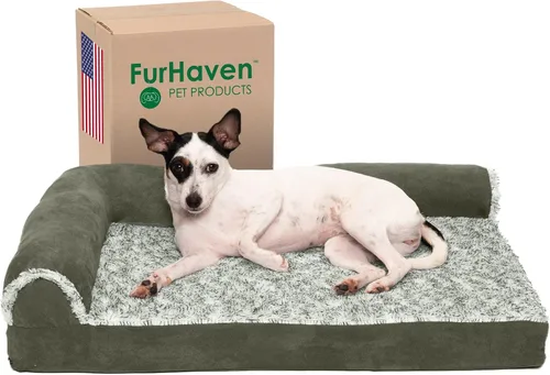 Vista 14 de Furhaven - Cama para perro de espuma viscoelástica, estilo diván en forma de L, de felpa y estampado de almendras, almendras azules, talla jumbo