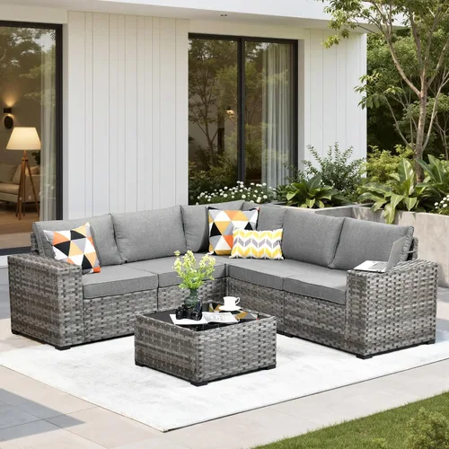 Vista 30 de Juego de muebles de patio de 6 piezas, sofá modular de mimbre para exteriores con mesa auxiliar, cómodos cojines, moderno sofá modular de ratán