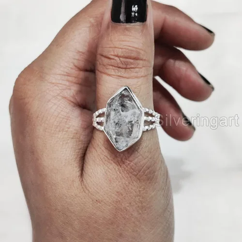Vista 4 de Natural Herkimer Diamond Ring, Rough Herkimer Diamond Ring, Birthstone, 3 Doted Band, 925 Sterling Silver, Womens Ring, Christmas, Thanksgiving