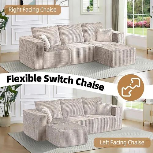 Vista 5 de Sofá modular de 98 pulgadas, sofá modular de 3 plazas en forma de L con otomana, moderno sofá seccional de nube para sala de estar, dormitorio Beige