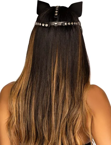 Vista 3 de Leg Avenue Máscara de gato con tachuelas de piel vegana para mujer, Negro