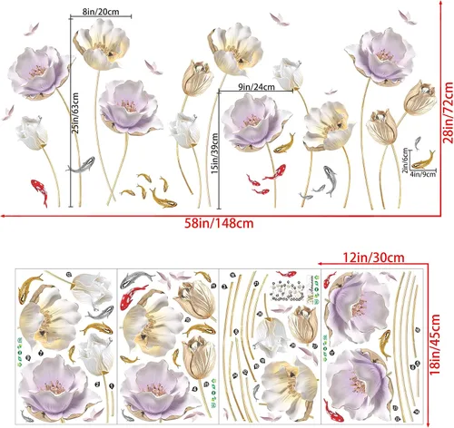 Vista 2 de Calcomanías de pared de flores doradas gigantes 3D, tulipán de loto, flores florales, hermosas flores grandes, arte de pared de despegar y pegar