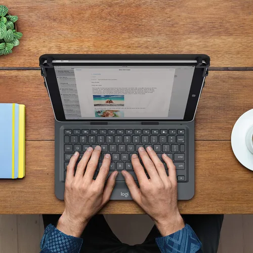 Vista 2 de Logitech Folio universal con teclado Bluetooth 3.0 integrado para Apple de 9 a 10 pulgadas, Android, tabletas Windows, color negro