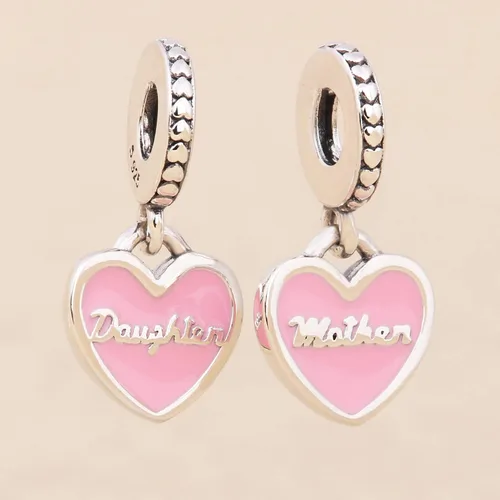 Vista 4 de Madre e hija corazones cuelgan encanto 925 colgante de plata esterlina, joyería cuentas regalos para mujeres pulsera y collar A0223, Plata