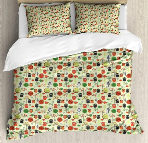 Vista 14 de Ambesonne Cartoon Duvet Cover Set, Pastel Animals Pattern Dragonflies Beetle Ladybug Earth Worm Spring, Decorative 3 Piece Bedding Set with 2 Pillow