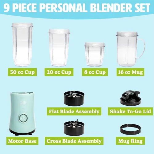 Vista 6 de Tasty Licuadora personal con taza, potente motor de mezcla de 350 W, juego de 9 piezas con 4 tazas y tapa de viaje, compacta y portátil, aguamarina