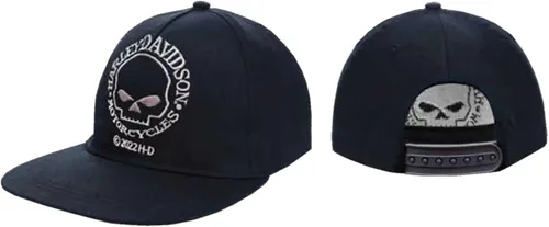 Vista 2 de Harley-Davidson Gorra de sarga de calavera para niños pequeños, con ala plana, con cierre de presión, color negro, Negro, talla única