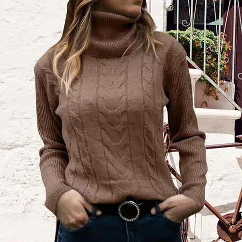Vista 3 de Suéter de cuello alto falso para mujer, manga larga abombada, dobladillo derramado, moda de otoño, talla grande, suéter tipo túnica