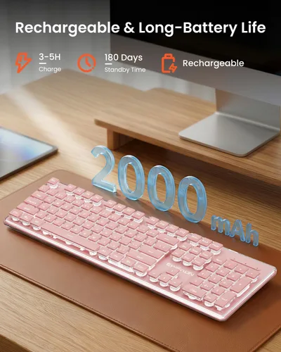 Vista 4 de SEUNKWANG EWEADN X7S - Teclado inalámbrico con retroiluminación blanca, panel de metal, teclado de computadora recargable de 2.4 G, luz silenciosa