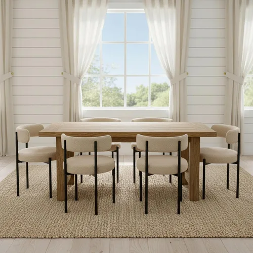 Vista 6 de Juego de 2 sillas de comedor Boucle, sillas de comedor beige con asiento tapizado y respaldo redondo, sillas de cocina modernas de mediados de siglo