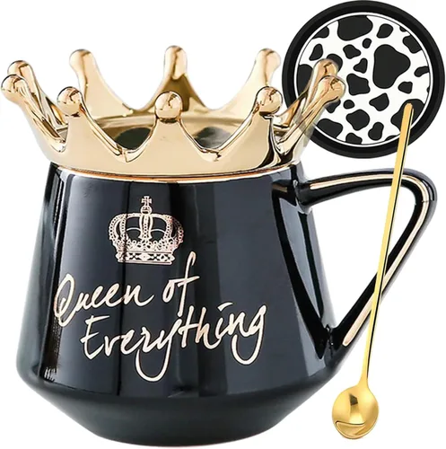 Vista 7 de Arawat Queen of Everything - Taza con tapa, taza negra dulce con corona de café, taza de 12 onzas, regalo con cuchara y posavasos, taza de té