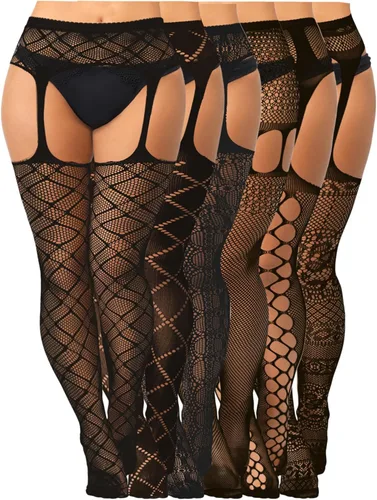 Vista 21 de Skylety 6 pares de medias de red para mujer, medias altas hasta el muslo, medias con tirantes para mujeres y niñas