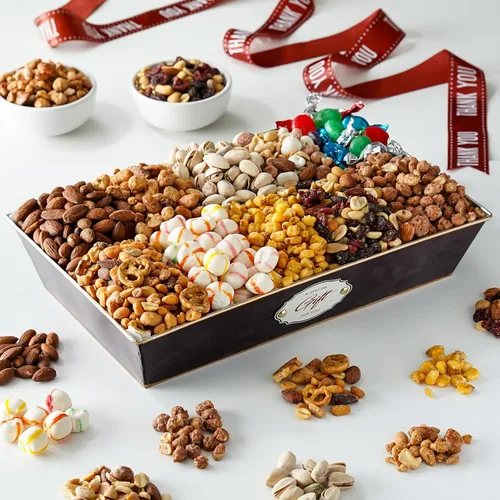 Vista 4 de Broadway Basketeers Cesta de regalo con texto en inglés "Thank You Nuts", surtido de 6 frutos secos gourmet variados, mezclas de frutos secos, caja