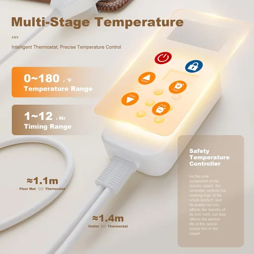 Vista 5 de Tapete eléctrico de 39 x 63 pulgadas, tapete de calefacción de suelo de grafeno para interiores, calentador de pies con temporizador