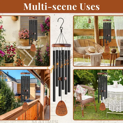 Vista 2 de JOBOSI Ramo de la madre, carillón de viento conmemorativo con tubo negro, regalos decorativos, adecuado para interiores y exteriores, perfecto