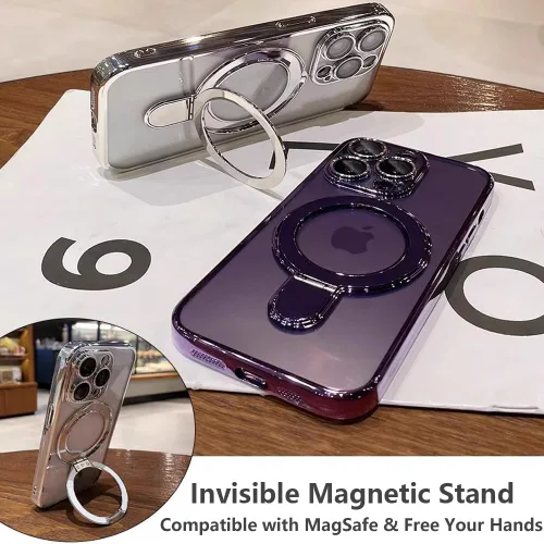 Vista 3 de Funda magnética para iPhone 14 Pro con soporte para anillo compatible con MagSafe, protector de lente de cámara incorporado, funda a prueba