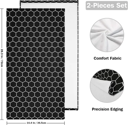 Vista 2 de Juego de 2 toallas faciales de poliéster suave y absorbente para baño, diseño de panal de abeja, hexagonal, negro y blanco, para peluquería