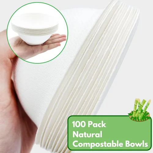 Vista 9 de Haawooky Paquete de 100 cuencos de papel desechables blancos, 8 onzas, compostables naturales, cuencos biodegradables de papel ecológico
