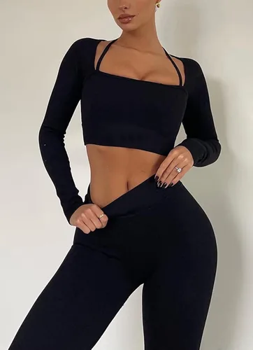 Vista 2 de Mainstar Conjuntos de entrenamiento para mujer de manga larga 2 piezas trajes de yoga sin costuras acanalados de cintura alta leggings
