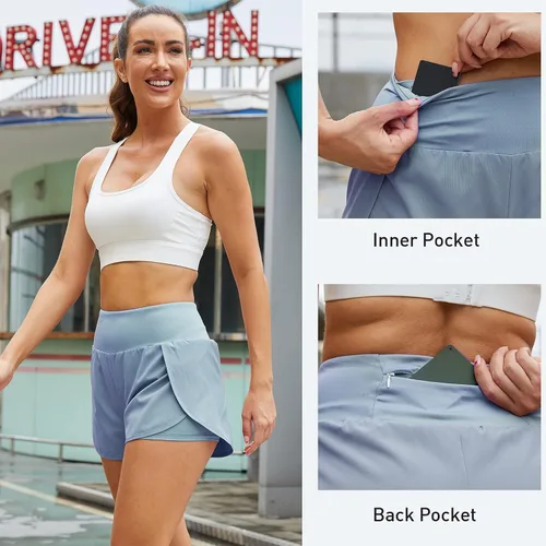 Vista 5 de Acrweg - Pantalones cortos de correr 2 en 1 para mujer, de secado rápido, para entrenamiento, gimnasio, yoga, fitness, con bolsillos, Azul