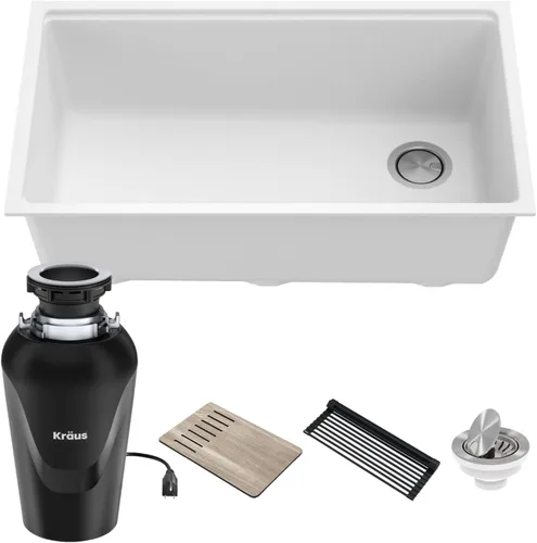 Vista 17 de KRAUS Bellucci Fregadero de cocina de granito con estación de trabajo empotrado de 30 pulgadas en negro metálico con accesorios, KGUW2-30MBL