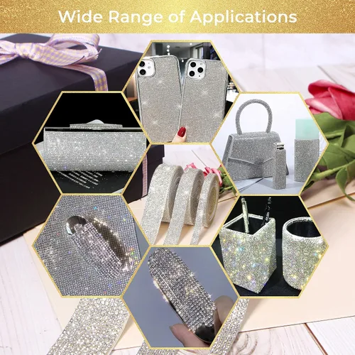 Vista 5 de Ribbli Cinta de diamantes de imitación de cristal autoadhesiva de 3 yardas, diamantes de imitación para manualidades, cinta plateada para decoración