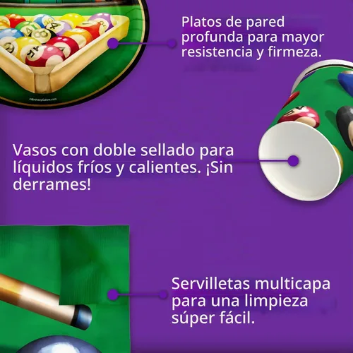 Vista 5 de Suministros de fiesta de billar – Platos de mesa de billar y servilletas – Suministros de cumpleaños para adultos – Juego de vajilla para el día
