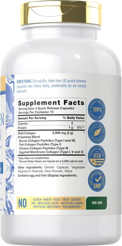 Vista 2 de Carlyle Cápsulas de proteína de colágeno múltiple de 2000 mg 300
