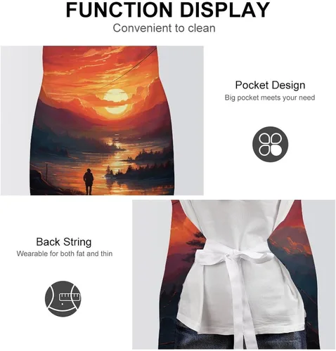 Vista 6 de Sunset Art Aprons Waterproof Cooking Kitchen Apron Unisex Adjustable Bib Apron with Pocket Restaurant Chef Works Aprons for Waitress Waiter