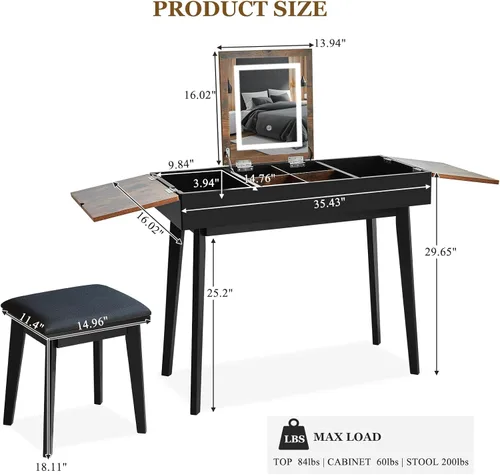 Vista 2 de Tocador Pequeño, Tocador Compacto para Niñas con Taburete y Toma de Corriente, Escritorio de Maquillaje con Espejo y Luz LED, Mesa de Tocador