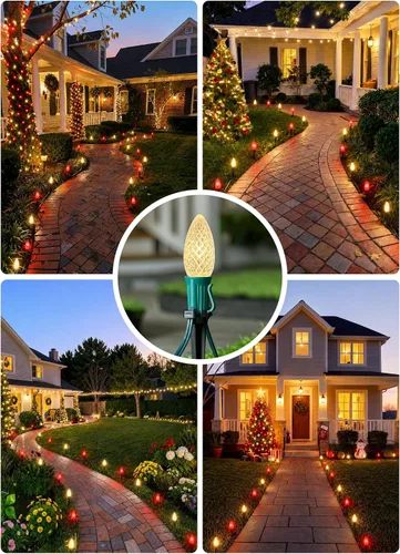 Vista 7 de Luces de cadena LED C9 de Navidad para exteriores, 26 pies, 20 luces LED de sendero de Navidad con 20 estacas de plástico, conectables e Rojo