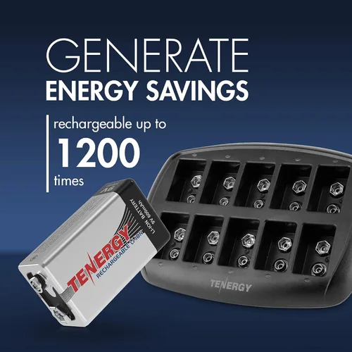 Vista 5 de Tenergy Baterías 9V 600mAh 10PCS Li-ion 9 voltios baterías recargables con 10 ranuras Li-ion 9V cargador de batería para alarma de humo/detector