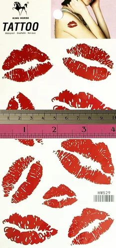 Vista 2 de Red Lips Kiss - Tatuajes temporales impermeables para mujeres y hombres, pegatinas impermeables extraíbles de dibujos animados, diseño 3D