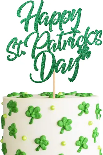 Vista 10 de 24 piezas de adornos para cupcakes del día de San Patricio, trébol con purpurina de tres hojas, trébol de la suerte, para cupcakes, sombrero