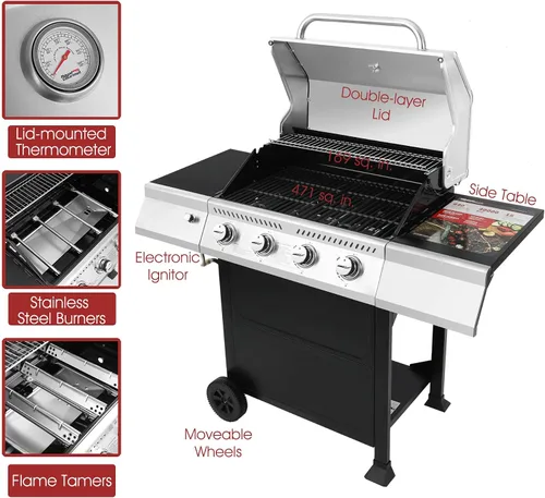 Vista 6 de Royal Gourmet GA4400T Parrilla de acero inoxidable de 4 quemadores, gasolina de propano líquido, 40,000 BTU, estilo de carrito, perfecto para un