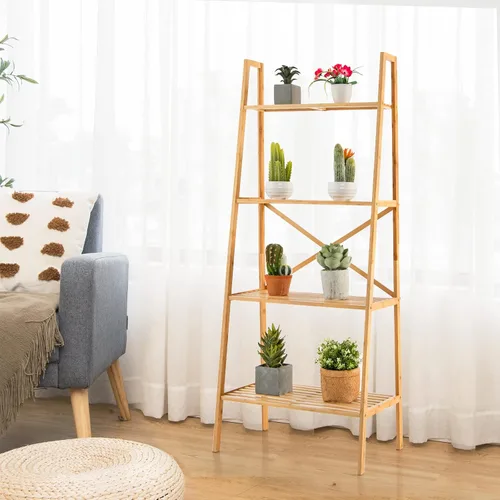 Vista 8 de Giantex Estantería de bambú de 4 niveles, estantes de almacenamiento multifuncionales con dispositivo antivuelco, estante de escalera de bambú