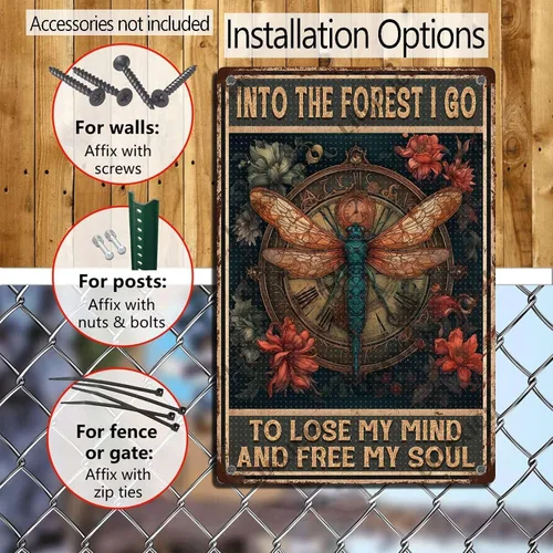 Vista 4 de LIUAXICIA Letrero de estaño vintage divertido con texto en inglés «Into The Forest I go to Lose My Mind and Free My Soul Dragonfly», letrero