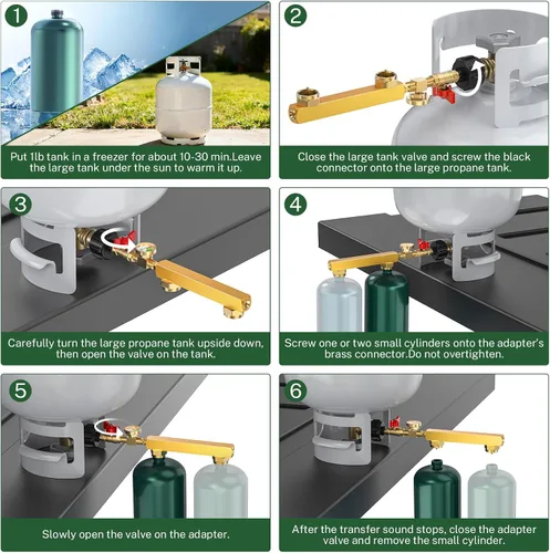 Vista 7 de Adaptador de recarga de propano mejorado para tanques de 1 libra, adaptador de puertos de inflado duales, convertidor de 20 libras a 1 libra