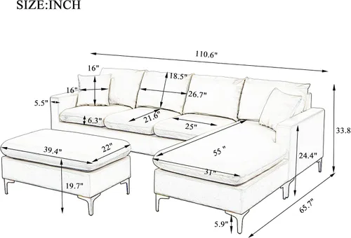 Vista 3 de Sofá modular de 110.6 pulgadas con otomana, elegante sofá tapizado de terciopelo en forma de L con 2 almohadas para sala de estar y apartamento