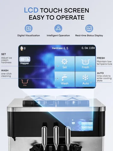 Vista 5 de Máquina de helado comercial de 5.8-7.9 galones/h, 3 sabores suaves con tolva de 14 L, máquina de helado de limpieza automática con panel LCD táctil