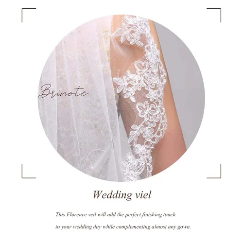 Vista 3 de Brinote Velo de novia de encaje apliques con peine 1 nivel largo hasta la cadera velos de novia de cristal velos de tul suave para novias, Marfil