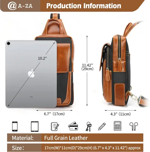 Vista 7 de Bolso bandolera de cuero genuino para hombre, mochila cruzada de cuero de grano completo para hombre, riñoneras, bolsa de pecho