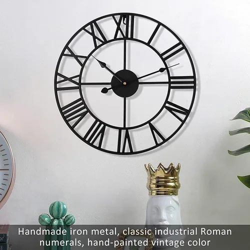 Vista 3 de Reloj de pared de metal industrial europeo grande, números romanos retro, movimiento de cuarzo silencioso para sala de estar, cocina, decoración