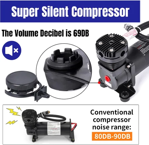 Vista 2 de Compresor de aire ultra silencioso, 1/4 NPT, súper silencioso, 69 dB, 12 V, compresor de suspensión de aire de 300 PSI para tren/camión/coche, negro