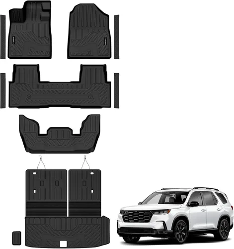 Vista 17 de Auxko Alfombrillas para todo tipo de clima, tapete de carga con respaldo para Honda Pilot 8 pasajeros 2016-2022, forros de elastómero termoplástico