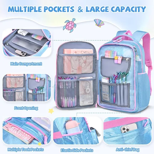 Vista 4 de Mochila para niñas, mochilas escolares de 16 pulgadas para niñas, bonita bolsa de libros para niñas, niños, estudiantes, escuela primaria, Azul