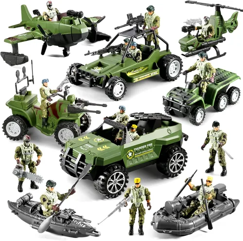 Vista 8 de Juguetes de Soldaditos 56 en 1 para Niños 4-7 6-8 8-12, Camión Militar/Helicóptero/Bote Kayak/Motocicleta/Figuras de Acción de Soldaditos/Equipos