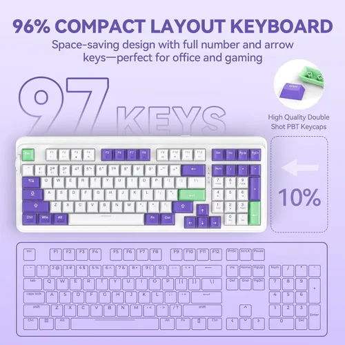 Vista 5 de TECKNET Teclado mecánico para juegos, intercambiable en caliente con interruptores de cielo, triple modo Bluetooth2.4GHzUSB-C, teclado cremoso