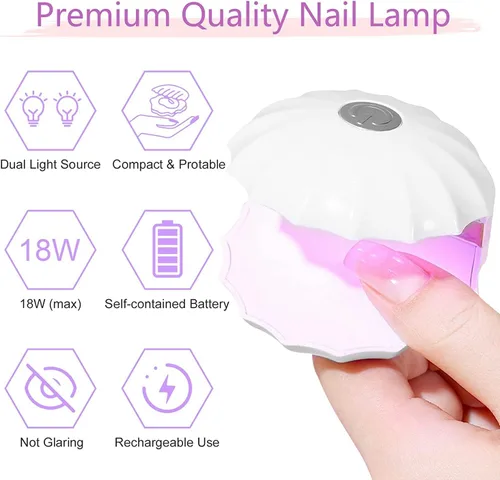 Vista 2 de Mini lámpara LED de uñas, lámpara de uñas en forma de concha de 18 W, lámpara de uñas portátil con luz UV, lámpara de curado de esmalte de uñas
