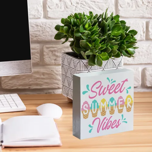 Vista 5 de Cartel de madera Sweet Summer Vibes de madera con bloque de madera de helado de verano, letrero decorativo para escritorio, decoración de estante A05